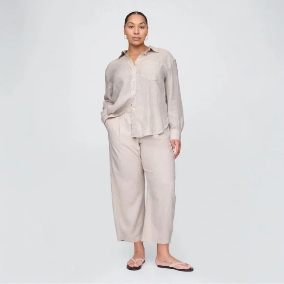 NWT GAP Mid Rise Linen-Blend Easy Barrel Pants Flax Linen Tan